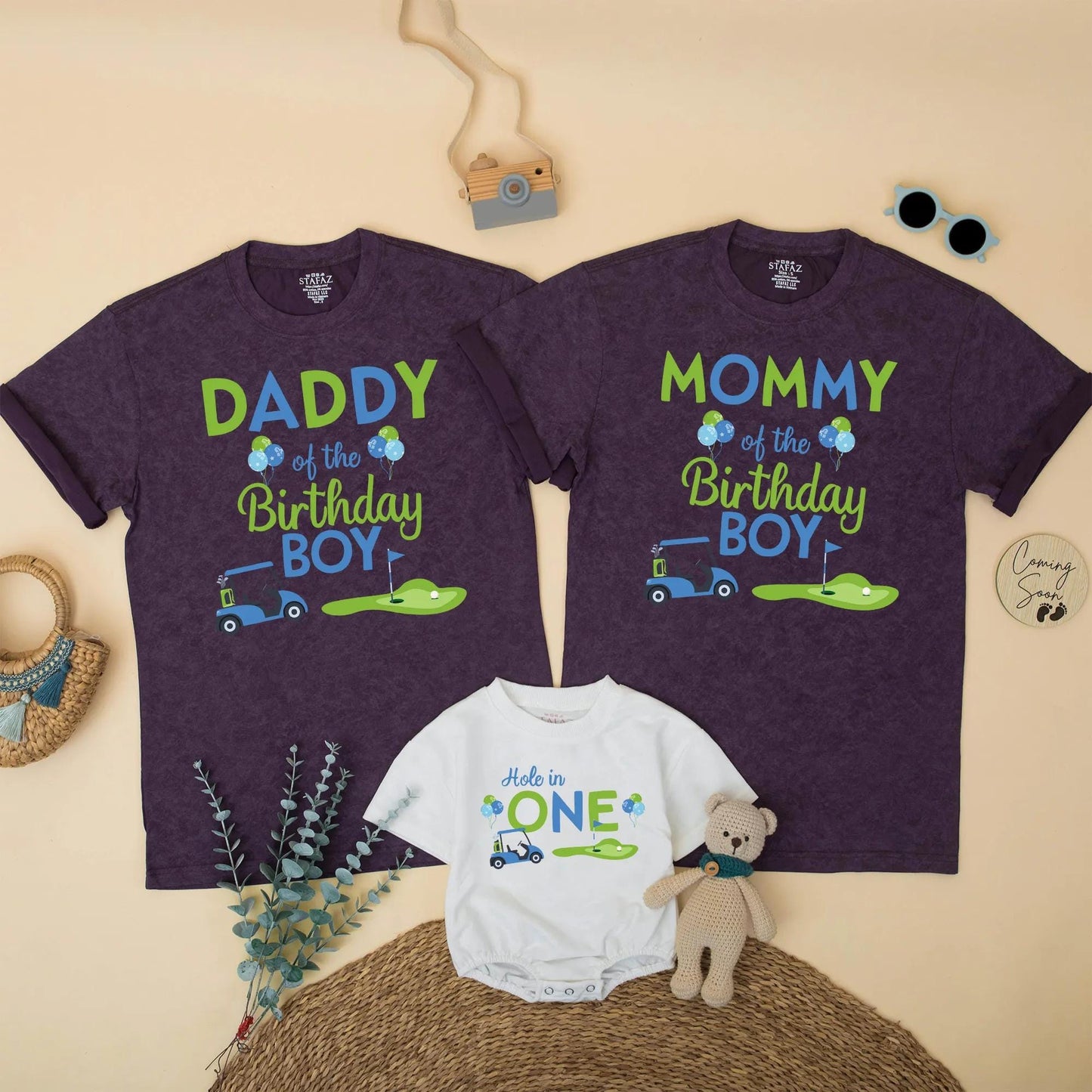 Matching Hole in One Golf Birthday Shirts for Family: Daddy, Mommy, Sister, Boy! Golf Cart & Putting Green Design