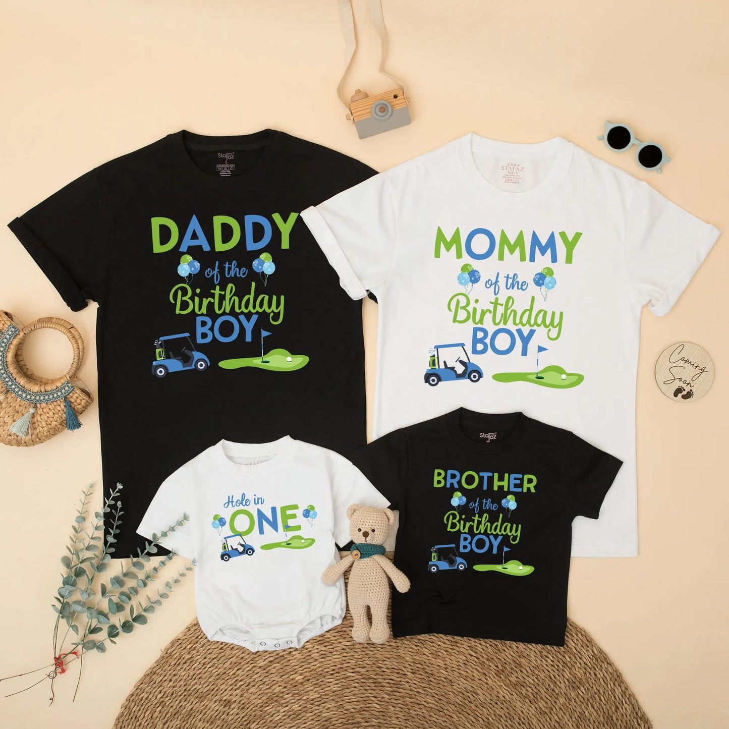 Matching Hole in One Golf Birthday Shirts for Family: Daddy, Mommy, Sister, Boy! Golf Cart & Putting Green Design