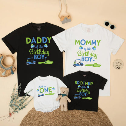 Matching Hole in One Golf Birthday Shirts for Family: Daddy, Mommy, Sister, Boy! Golf Cart & Putting Green Design