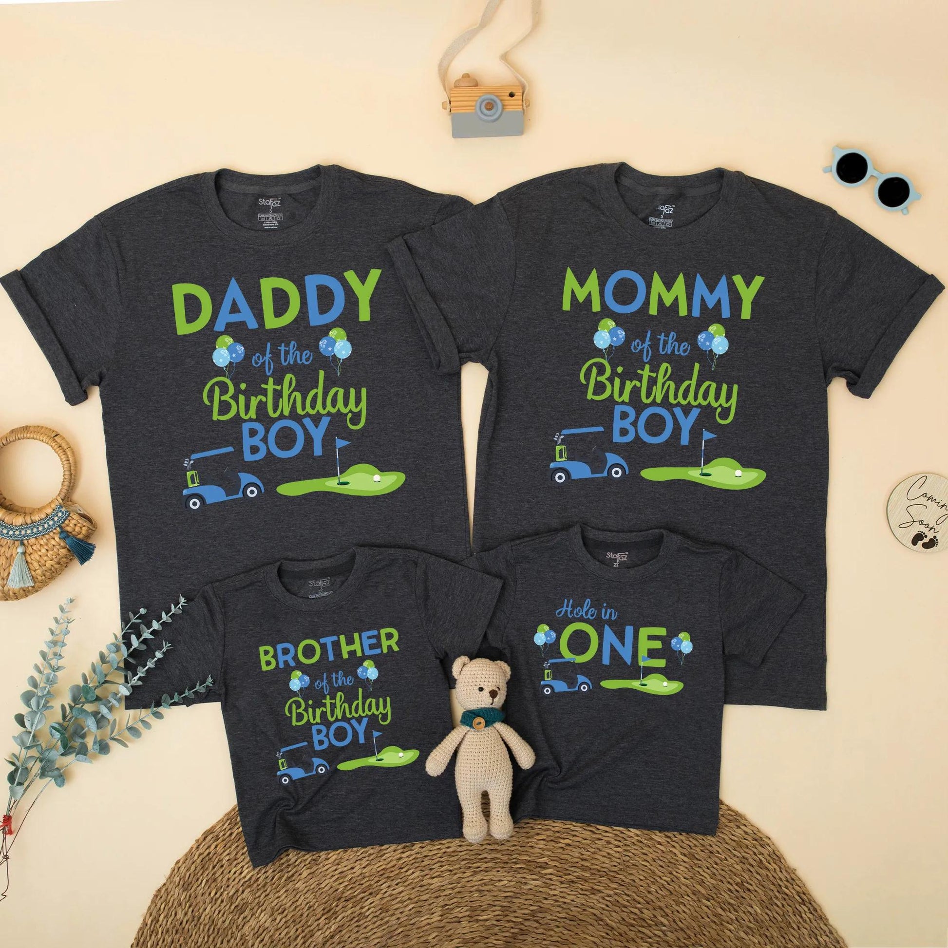Matching Hole in One Golf Birthday Shirts for Family: Daddy, Mommy, Sister, Boy! Golf Cart & Putting Green Design