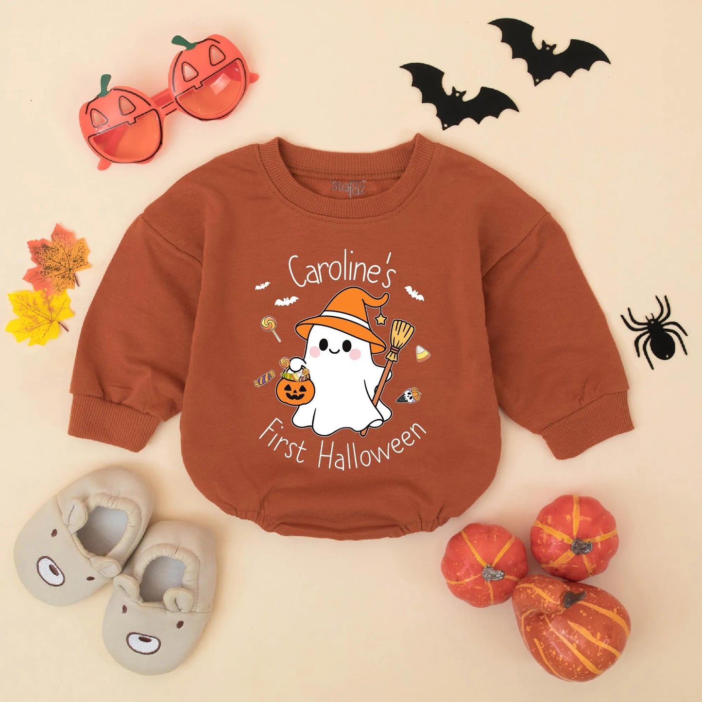Caroline's First Halloween Baby Romper Cute Ghost Pumpkin Witch Hat Design Personalized Baby Girl Clothes Fall Holiday Outfit