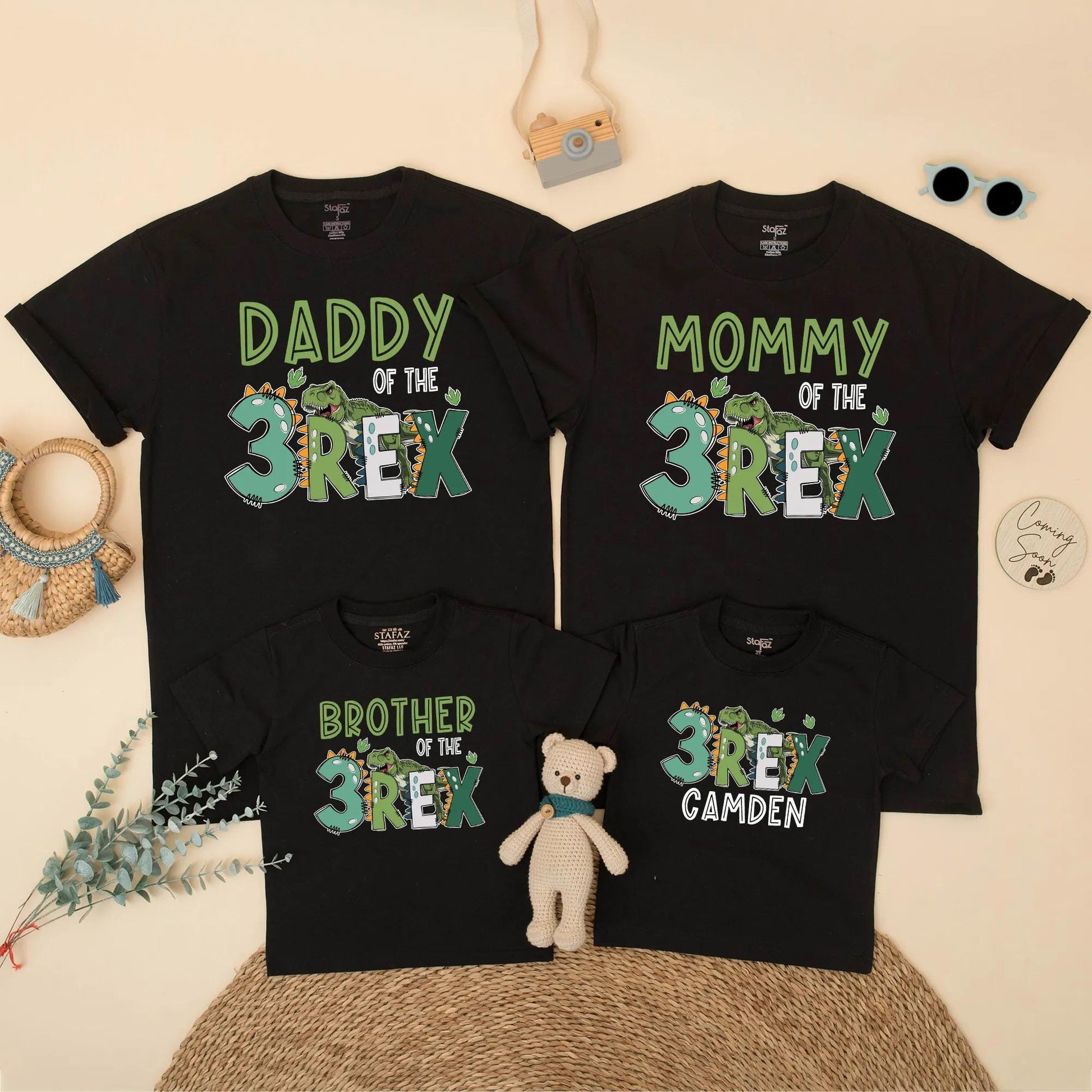 Three Rex Dinosaur Birthday Matching Family Shirts Daddy Mommy Brother Saurus Dinosaur Party Outfits with Camden Name and Green REX accents