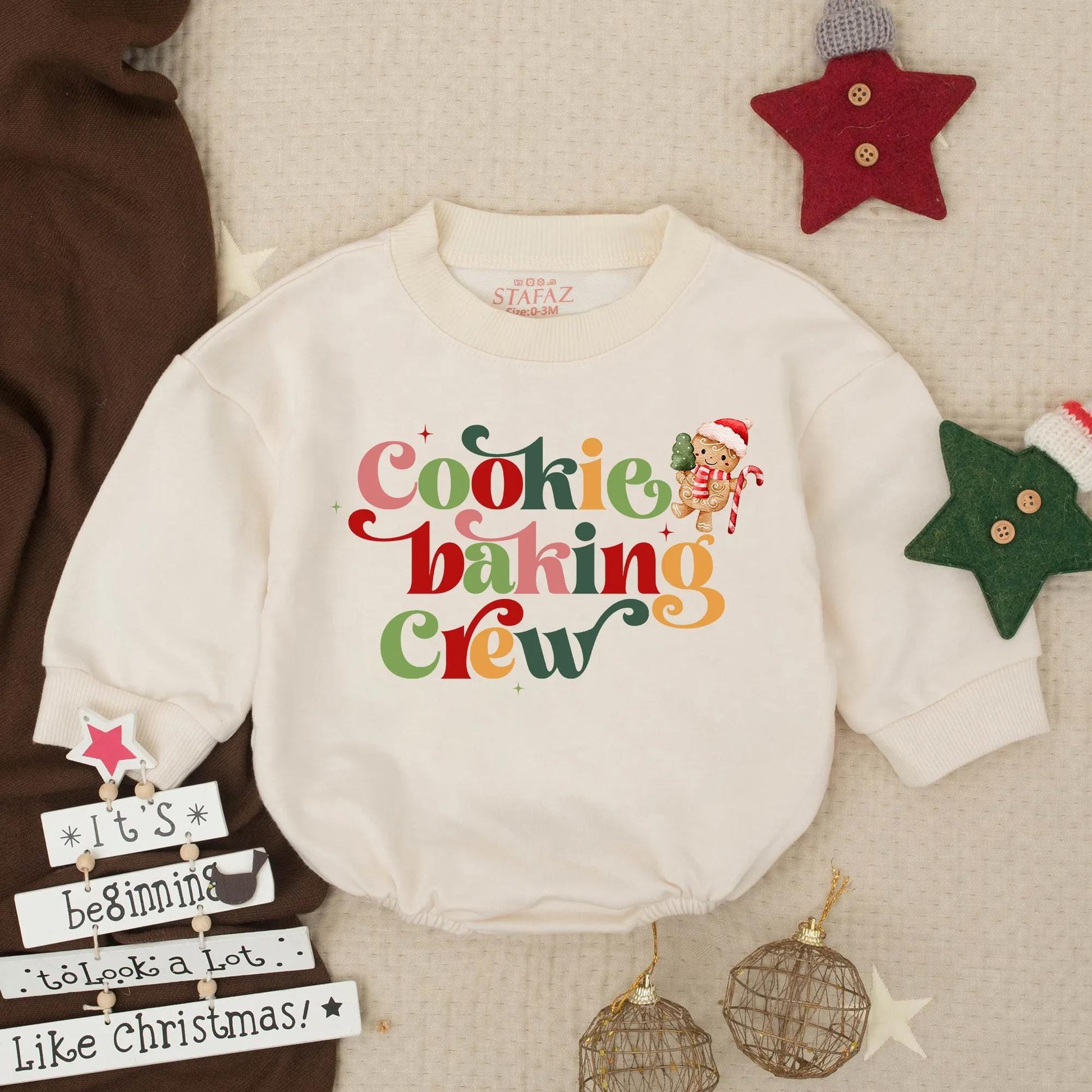 Cookie Baking Crew Baby Bubble Romper Christmas Cookies Festive Design Red Pink Green Golden Yellow Gingerbread Man Santa Hat Candy Cane Christmas Tree Starbursts First Christmas Baby Outfit Newborn Christmas Clothes Gift