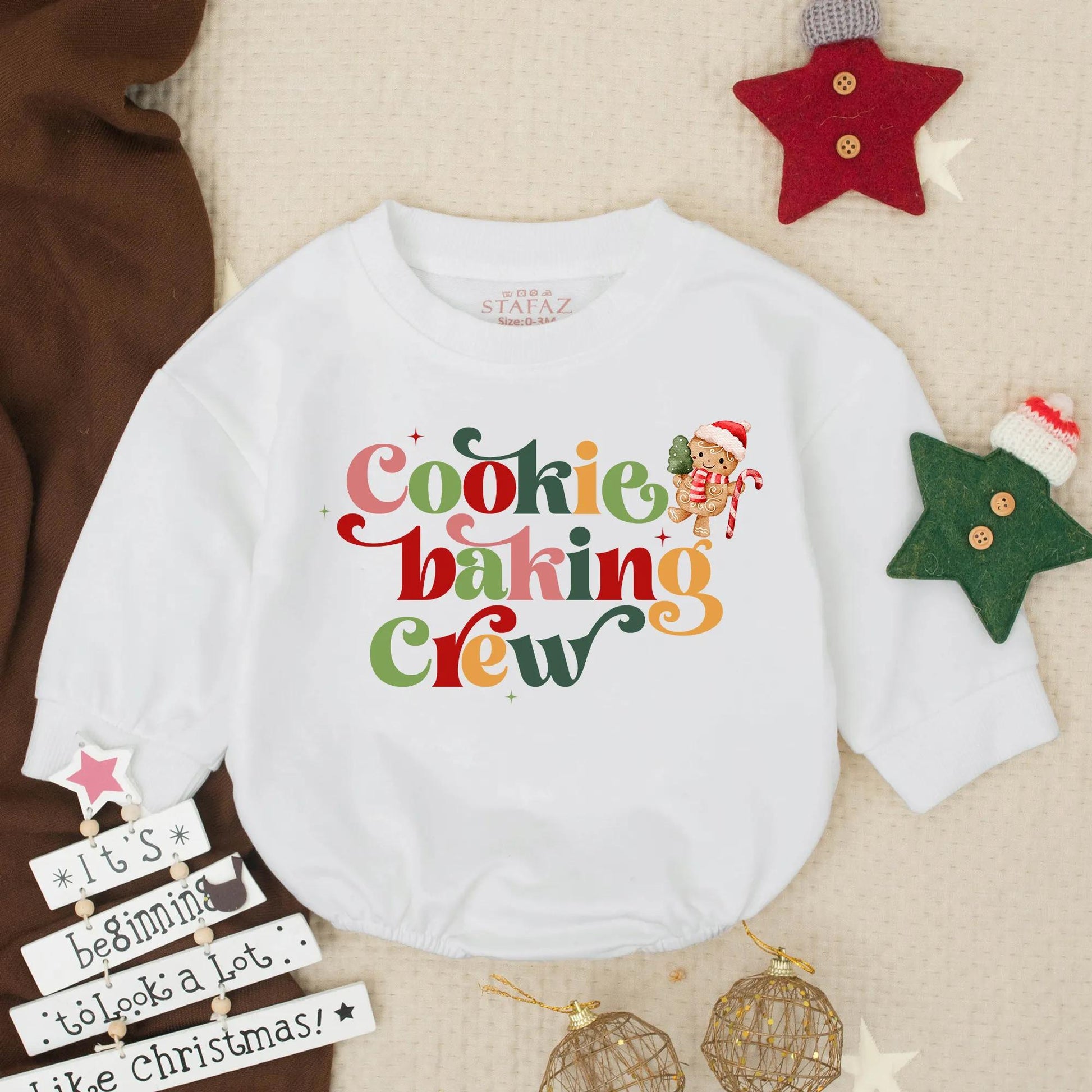 Cookie Baking Crew Baby Bubble Romper Christmas Cookies Festive Design Red Pink Green Golden Yellow Gingerbread Man Santa Hat Candy Cane Christmas Tree Starbursts First Christmas Baby Outfit Newborn Christmas Clothes Gift