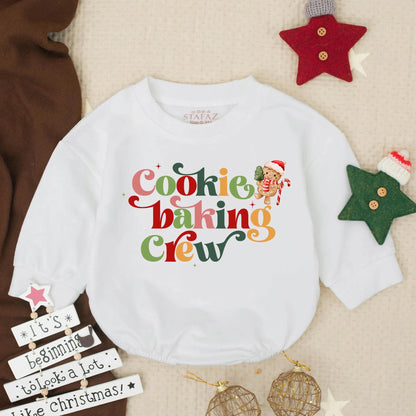 Cookie Baking Crew Baby Bubble Romper Christmas Cookies Festive Design Red Pink Green Golden Yellow Gingerbread Man Santa Hat Candy Cane Christmas Tree Starbursts First Christmas Baby Outfit Newborn Christmas Clothes Gift