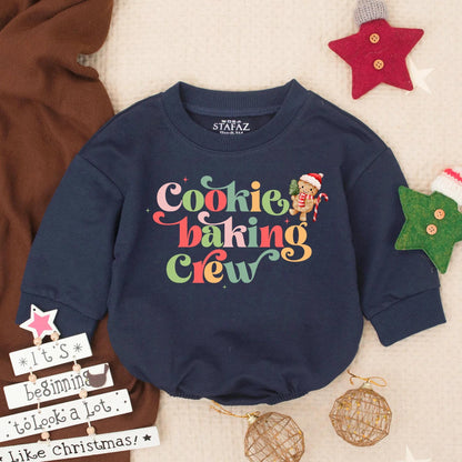 Cookie Baking Crew Baby Bubble Romper Christmas Cookies Festive Design Red Pink Green Golden Yellow Gingerbread Man Santa Hat Candy Cane Christmas Tree Starbursts First Christmas Baby Outfit Newborn Christmas Clothes Gift