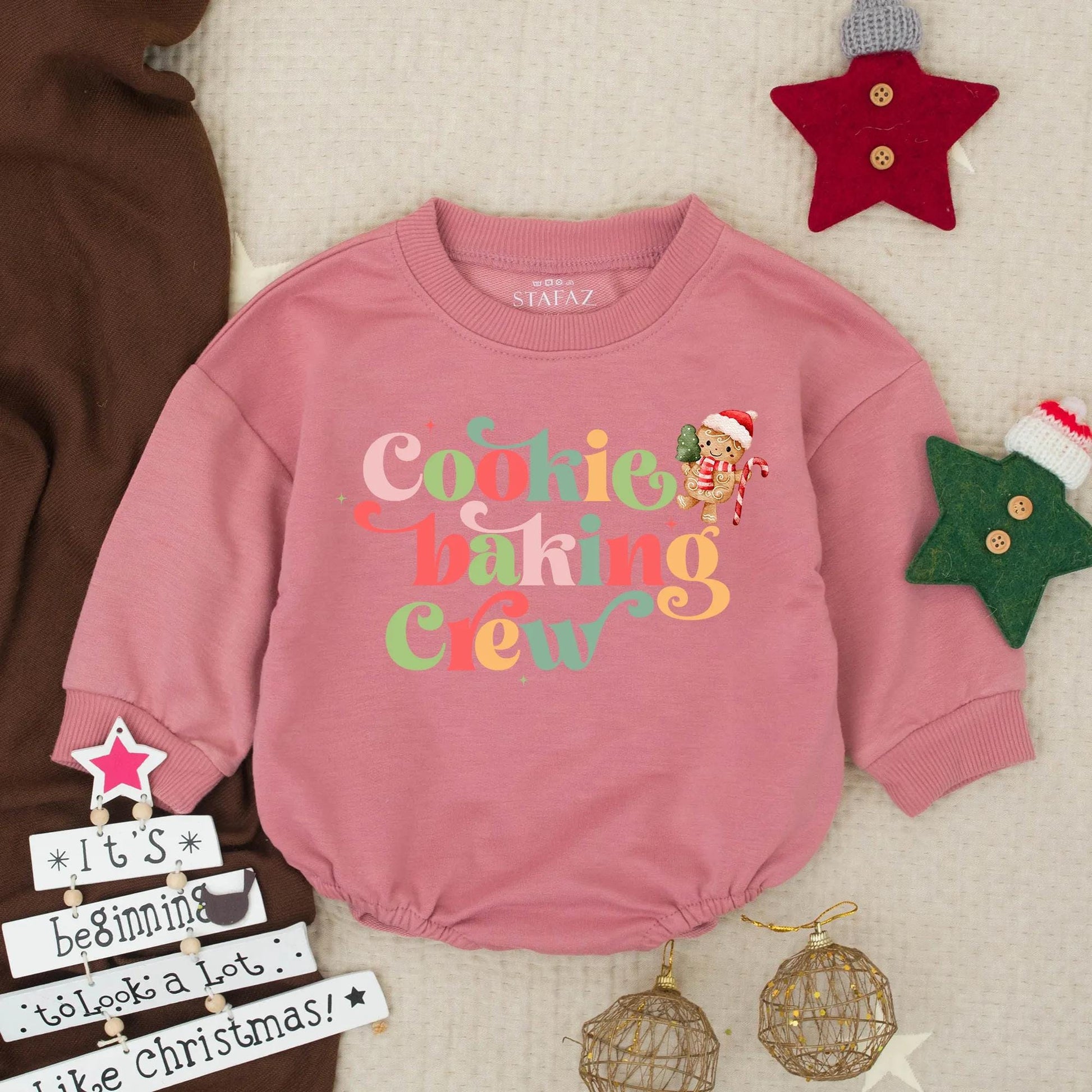 Cookie Baking Crew Baby Bubble Romper Christmas Cookies Festive Design Red Pink Green Golden Yellow Gingerbread Man Santa Hat Candy Cane Christmas Tree Starbursts First Christmas Baby Outfit Newborn Christmas Clothes Gift