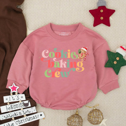 Cookie Baking Crew Baby Bubble Romper Christmas Cookies Festive Design Red Pink Green Golden Yellow Gingerbread Man Santa Hat Candy Cane Christmas Tree Starbursts First Christmas Baby Outfit Newborn Christmas Clothes Gift