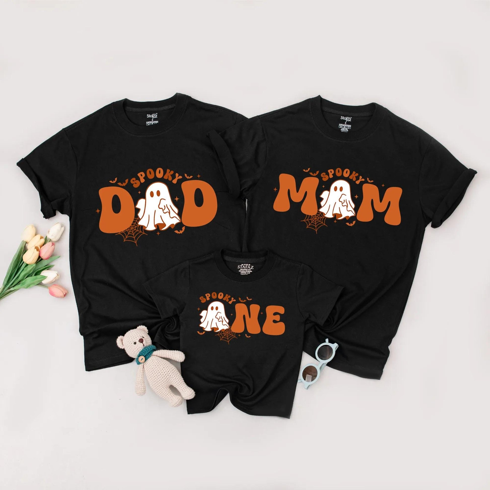 Spooky ONE 1st Birthday Halloween Family Matching Shirts Mom Dad Baby Tee Playful Cartoon Ghost Bat Spiderweb Design Comfortable Cotton