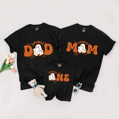 Spooky ONE 1st Birthday Halloween Family Matching Shirts Mom Dad Baby Tee Playful Cartoon Ghost Bat Spiderweb Design Comfortable Cotton