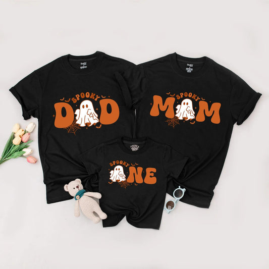 Spooky ONE 1st Birthday Halloween Family Matching Shirts Mom Dad Baby Tee Playful Cartoon Ghost Bat Spiderweb Design Comfortable Cotton