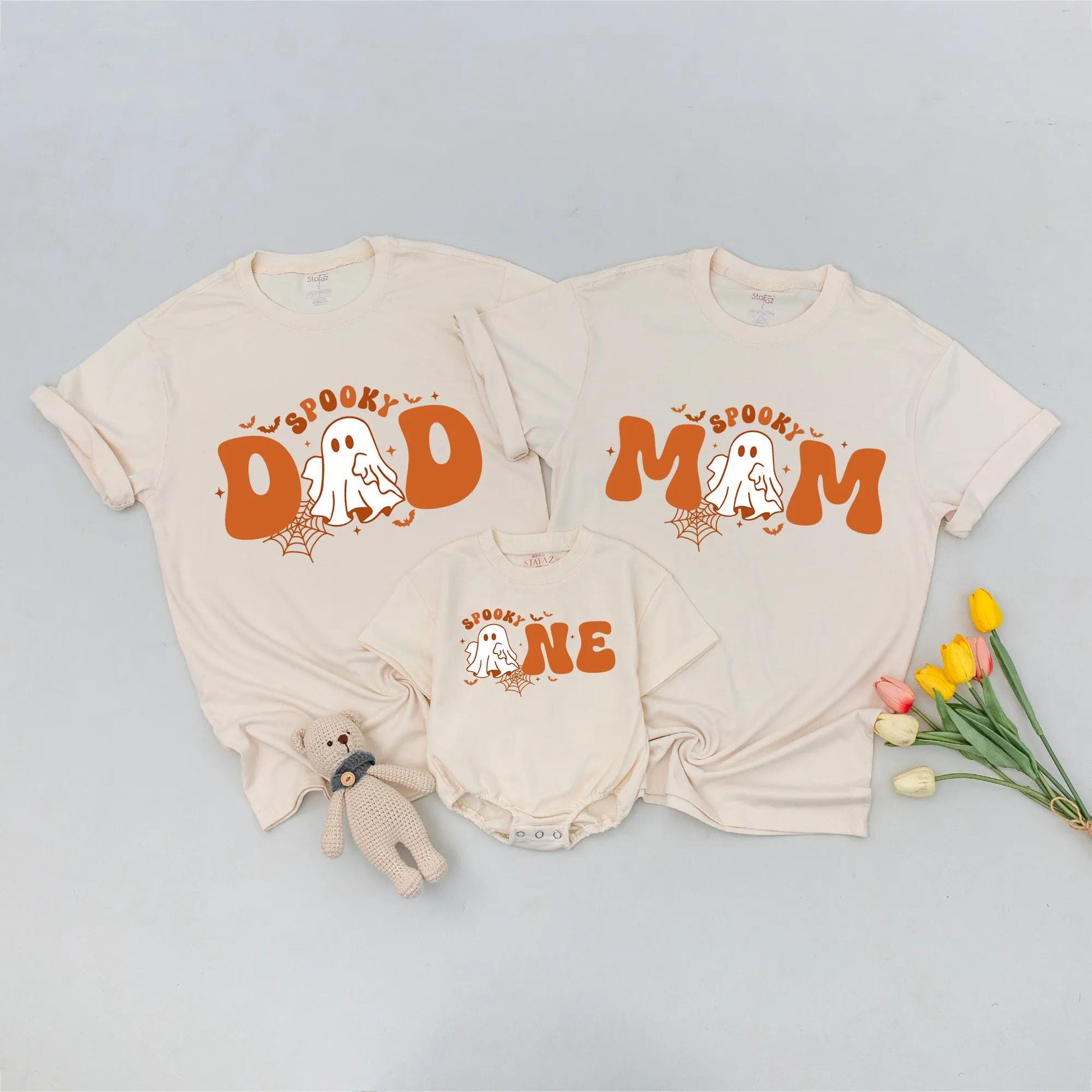 Spooky ONE 1st Birthday Halloween Family Matching Shirts Mom Dad Baby Tee Playful Cartoon Ghost Bat Spiderweb Design Comfortable Cotton