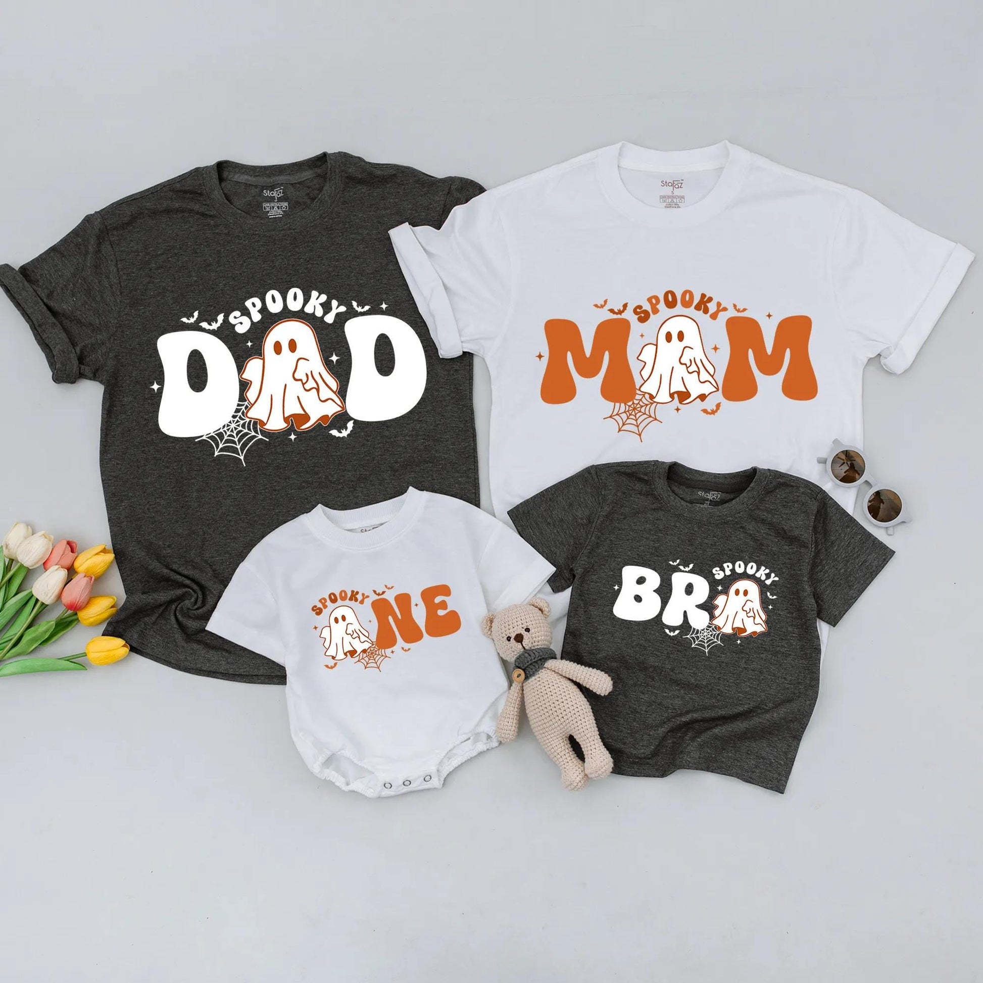 Spooky ONE 1st Birthday Halloween Family Matching Shirts Mom Dad Baby Tee Playful Cartoon Ghost Bat Spiderweb Design Comfortable Cotton