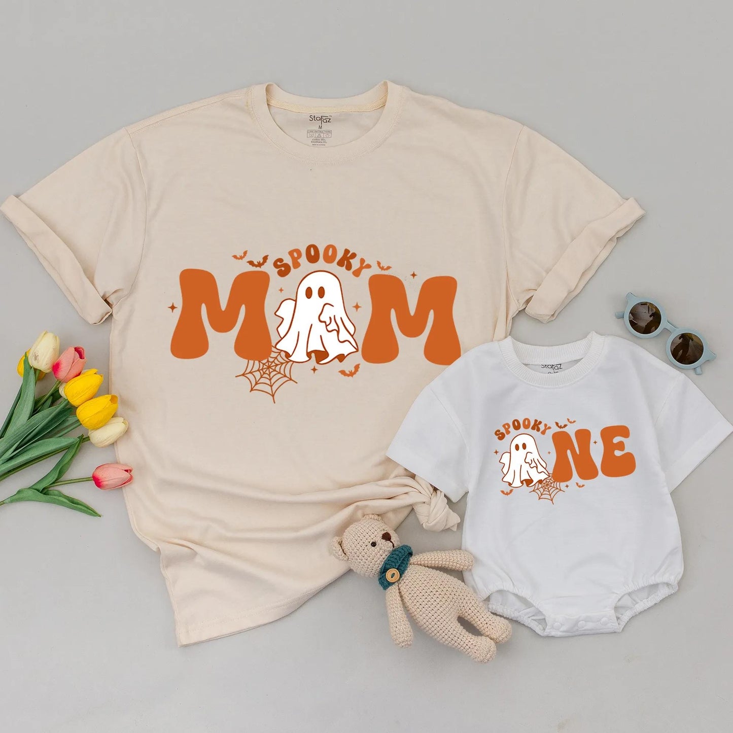 Spooky ONE 1st Birthday Halloween Family Matching Shirts Mom Dad Baby Tee Playful Cartoon Ghost Bat Spiderweb Design Comfortable Cotton