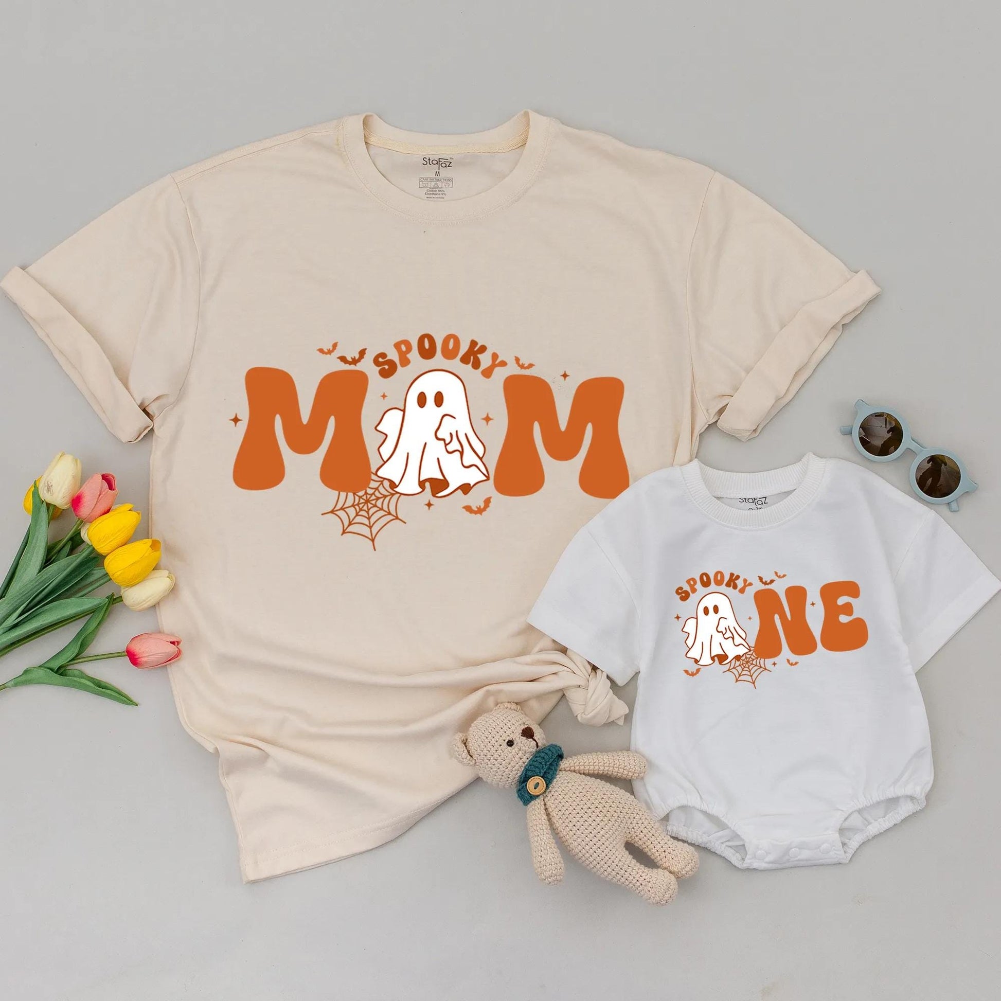 Spooky ONE 1st Birthday Halloween Family Matching Shirts Mom Dad Baby Tee Playful Cartoon Ghost Bat Spiderweb Design Comfortable Cotton