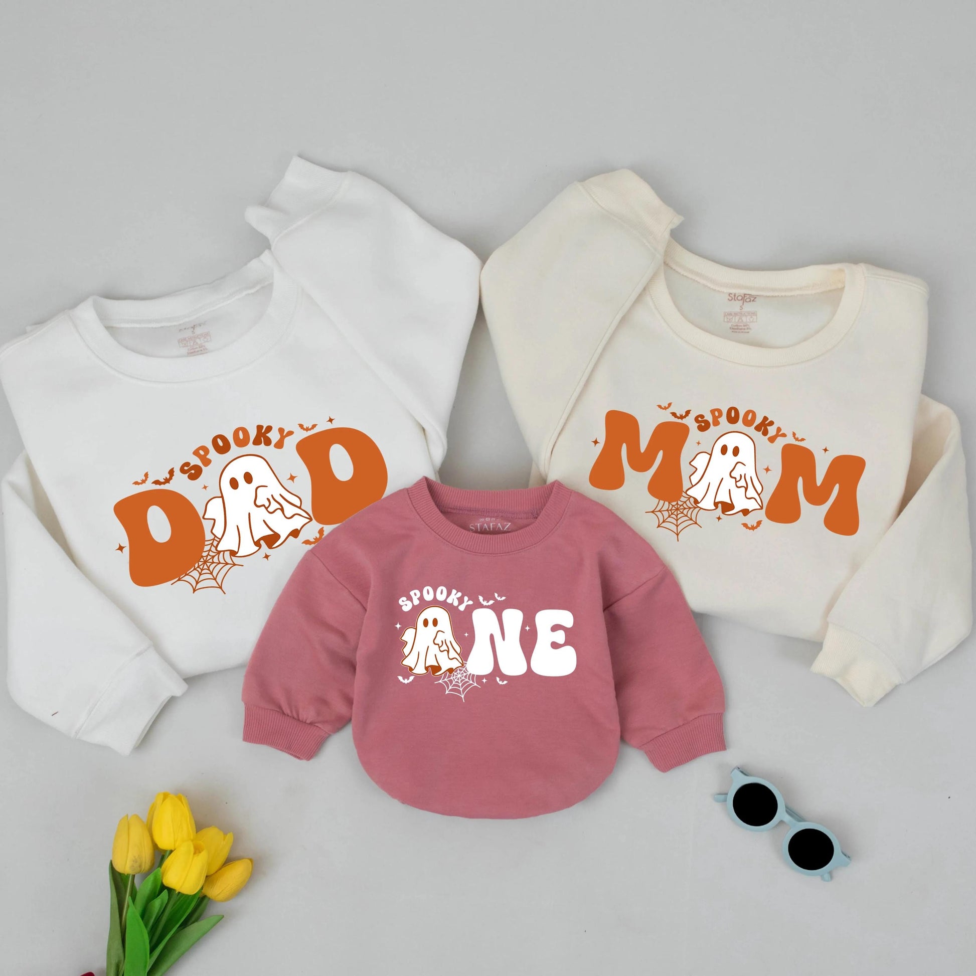 Spooky Matching Family Halloween Sweatshirts: Dad, Mom, & One Birthday Outfit, Vintage Ghost Design, Retro Groovy Lettering, 1st Birthday Gift