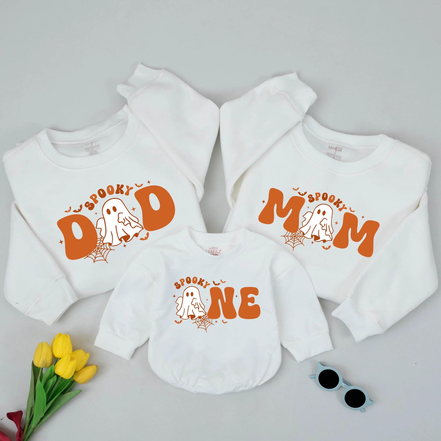 Spooky Matching Family Halloween Sweatshirts: Dad, Mom, & One Birthday Outfit, Vintage Ghost Design, Retro Groovy Lettering, 1st Birthday Gift