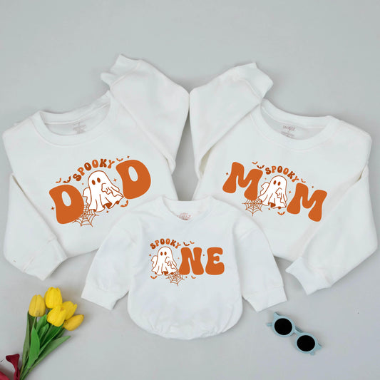 Spooky Matching Family Halloween Sweatshirts: Dad, Mom, & One Birthday Outfit, Vintage Ghost Design, Retro Groovy Lettering, 1st Birthday Gift