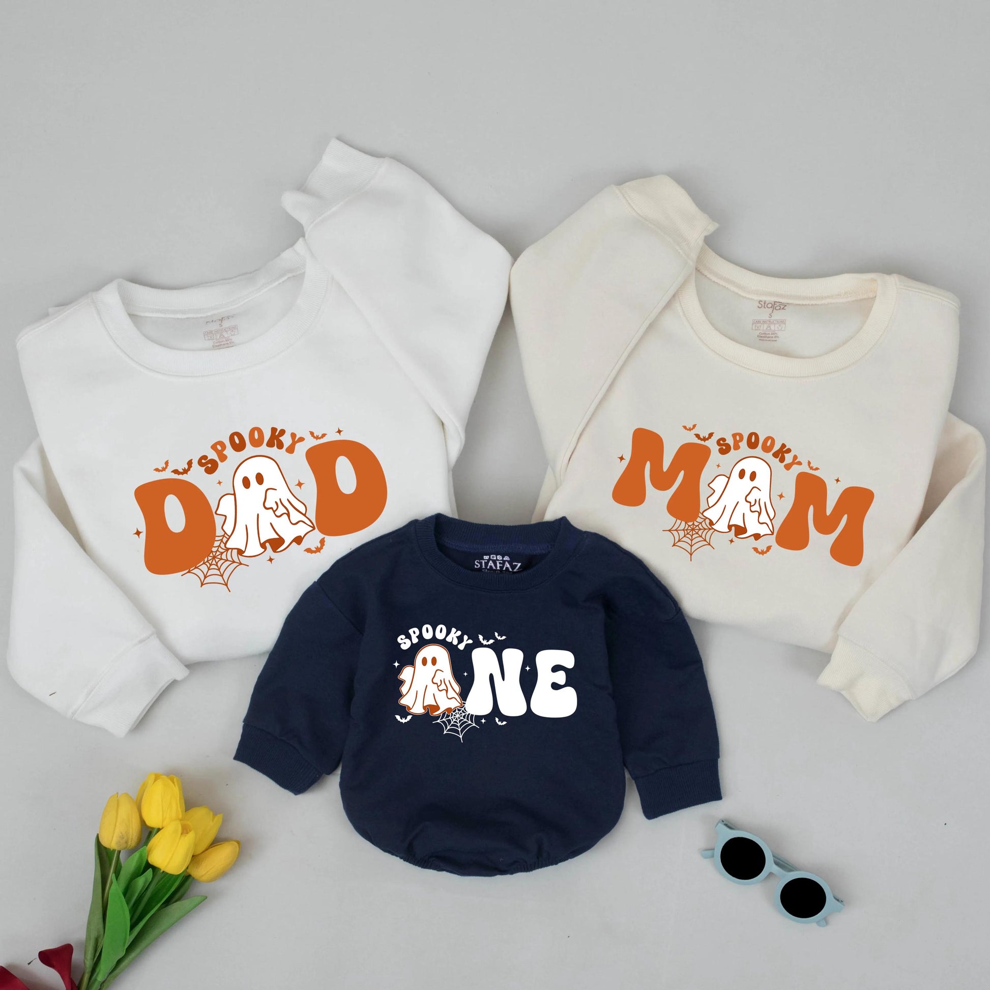 Spooky Matching Family Halloween Sweatshirts: Dad, Mom, & One Birthday Outfit, Vintage Ghost Design, Retro Groovy Lettering, 1st Birthday Gift