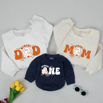 Spooky Matching Family Halloween Sweatshirts: Dad, Mom, & One Birthday Outfit, Vintage Ghost Design, Retro Groovy Lettering, 1st Birthday Gift