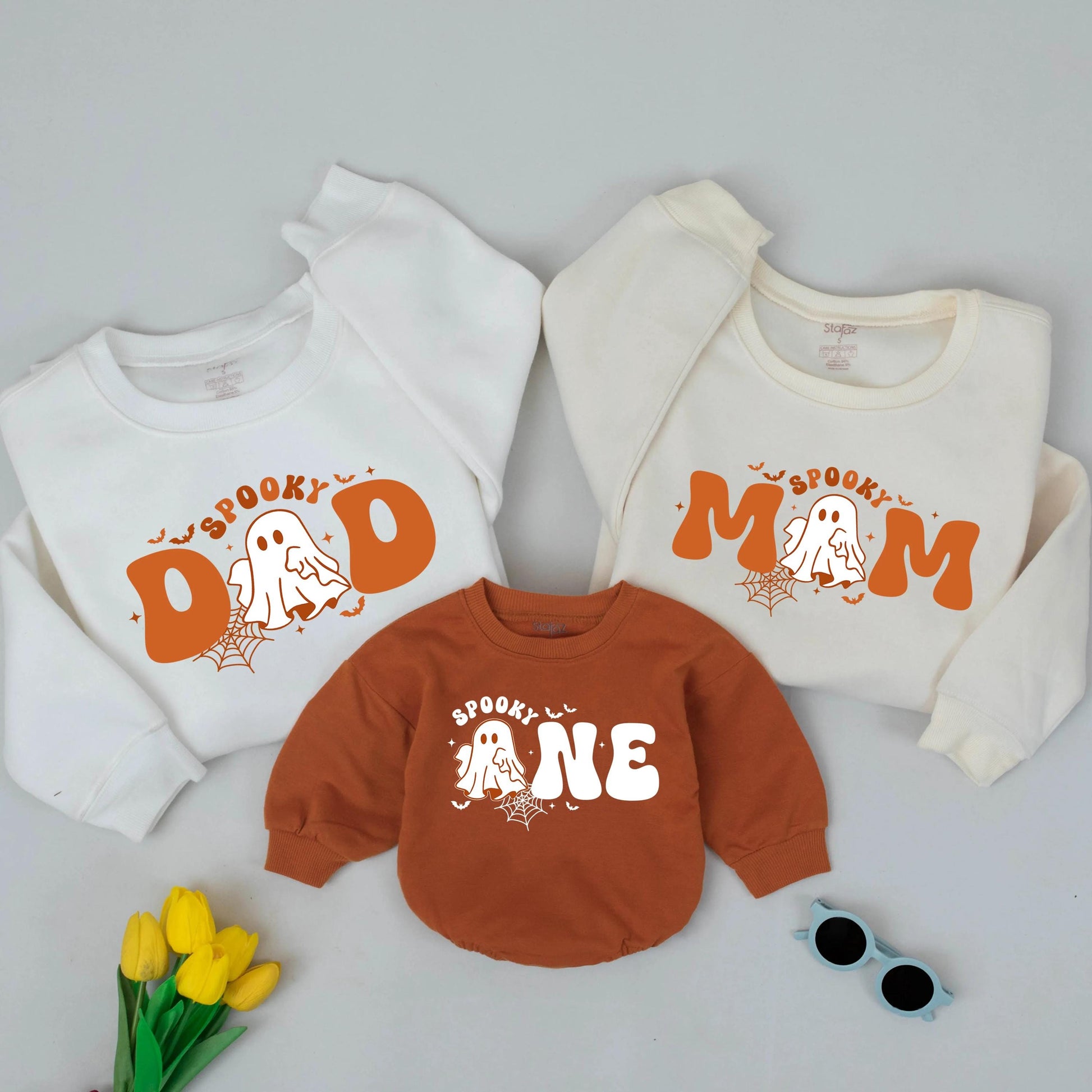 Spooky Matching Family Halloween Sweatshirts: Dad, Mom, & One Birthday Outfit, Vintage Ghost Design, Retro Groovy Lettering, 1st Birthday Gift