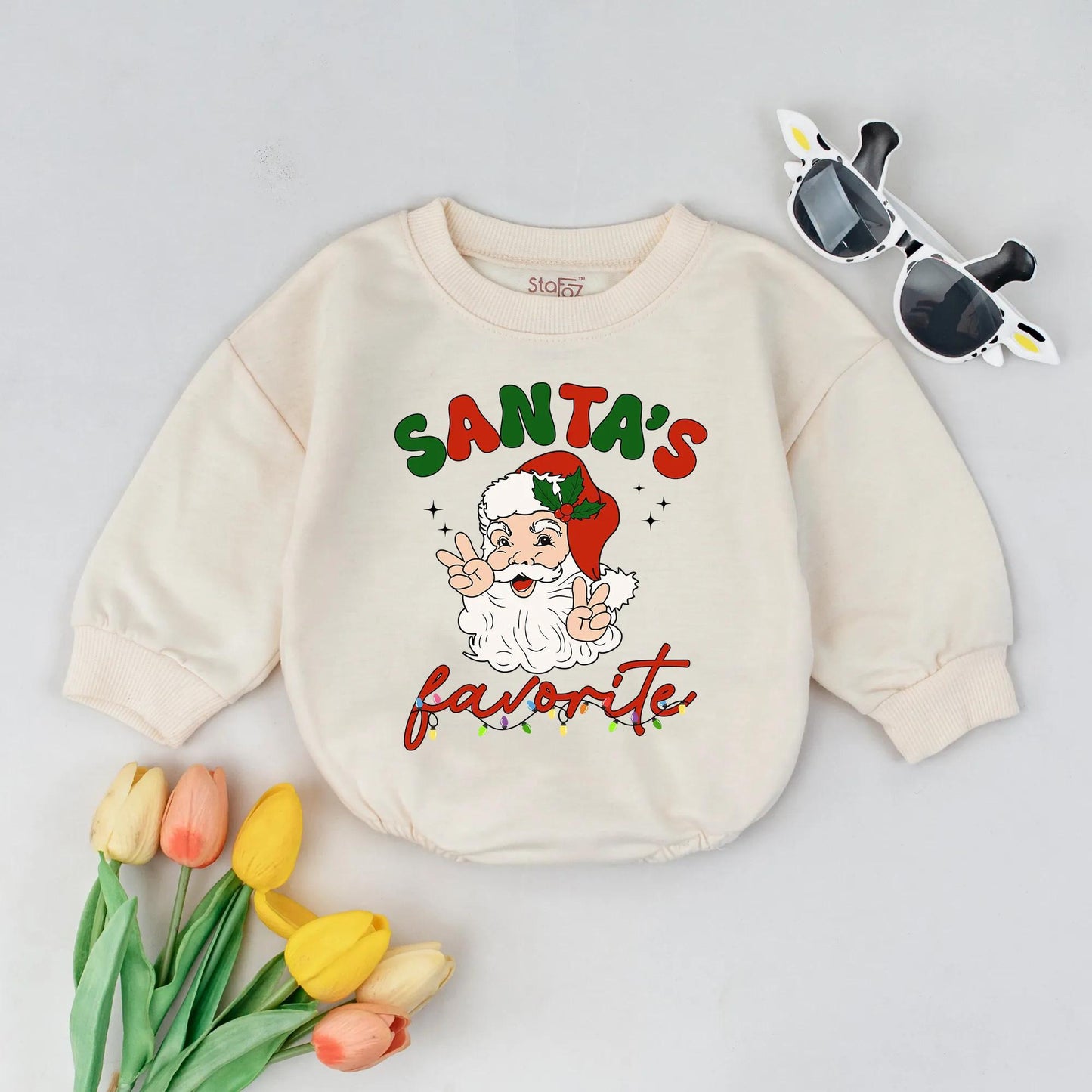 Santa's Favorite Retro Christmas Bubble Romper Baby First Xmas Bodysuit with Peace Sign Santa Newborn Winter Holiday Outfit