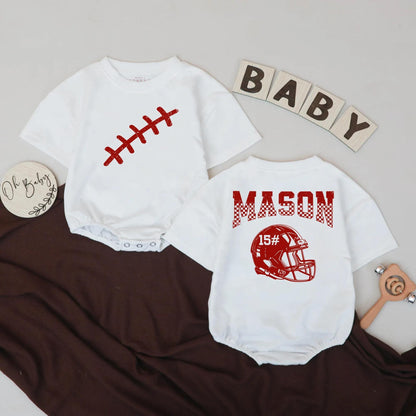 Mason Football Romper Custom Name & Number Baby Boy Outfit Game Day Birthday Gift | First Birthday Baby Bodysuit 15