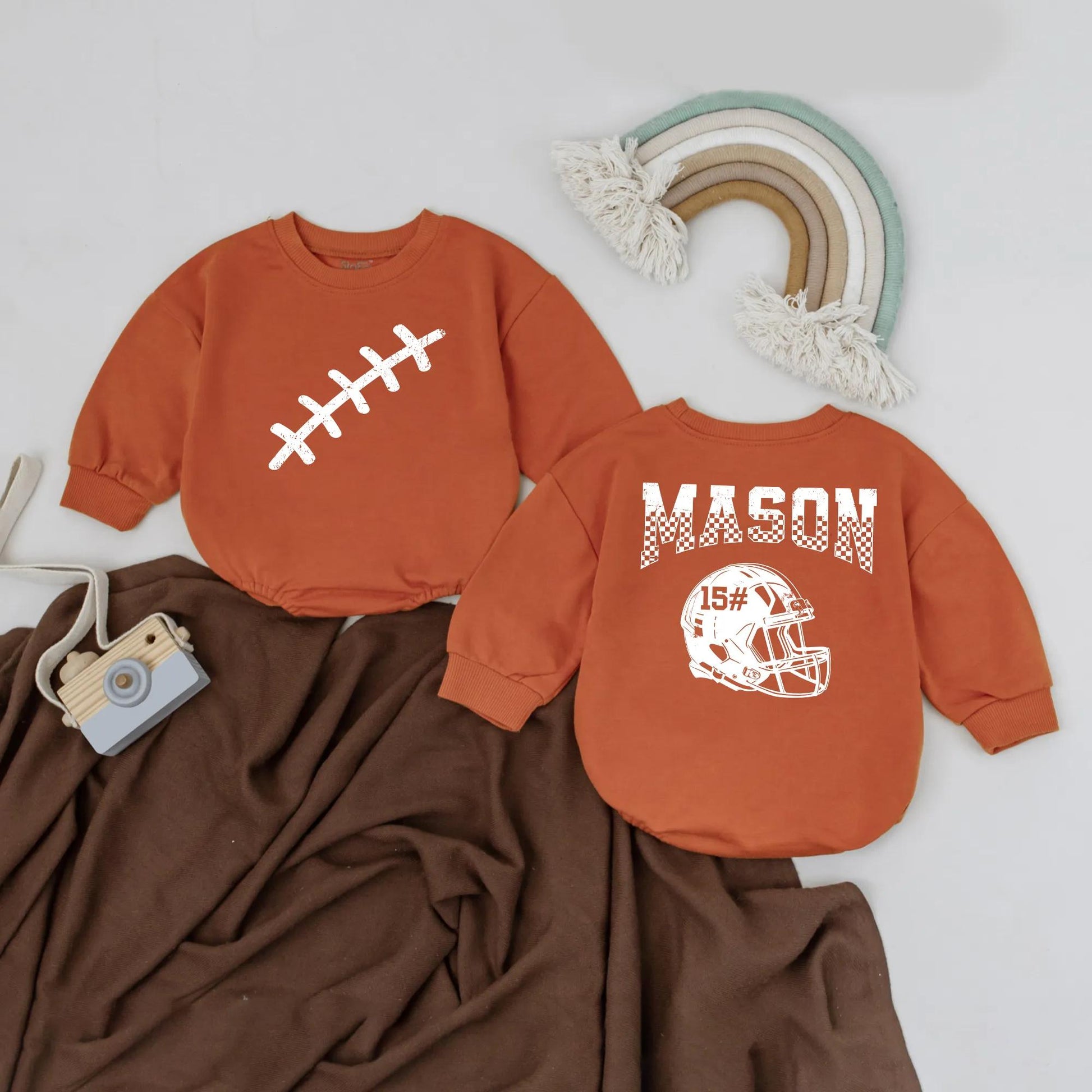 Mason Football Romper Custom Name & Number Baby Boy Outfit Game Day Birthday Gift | First Birthday Baby Bodysuit 15