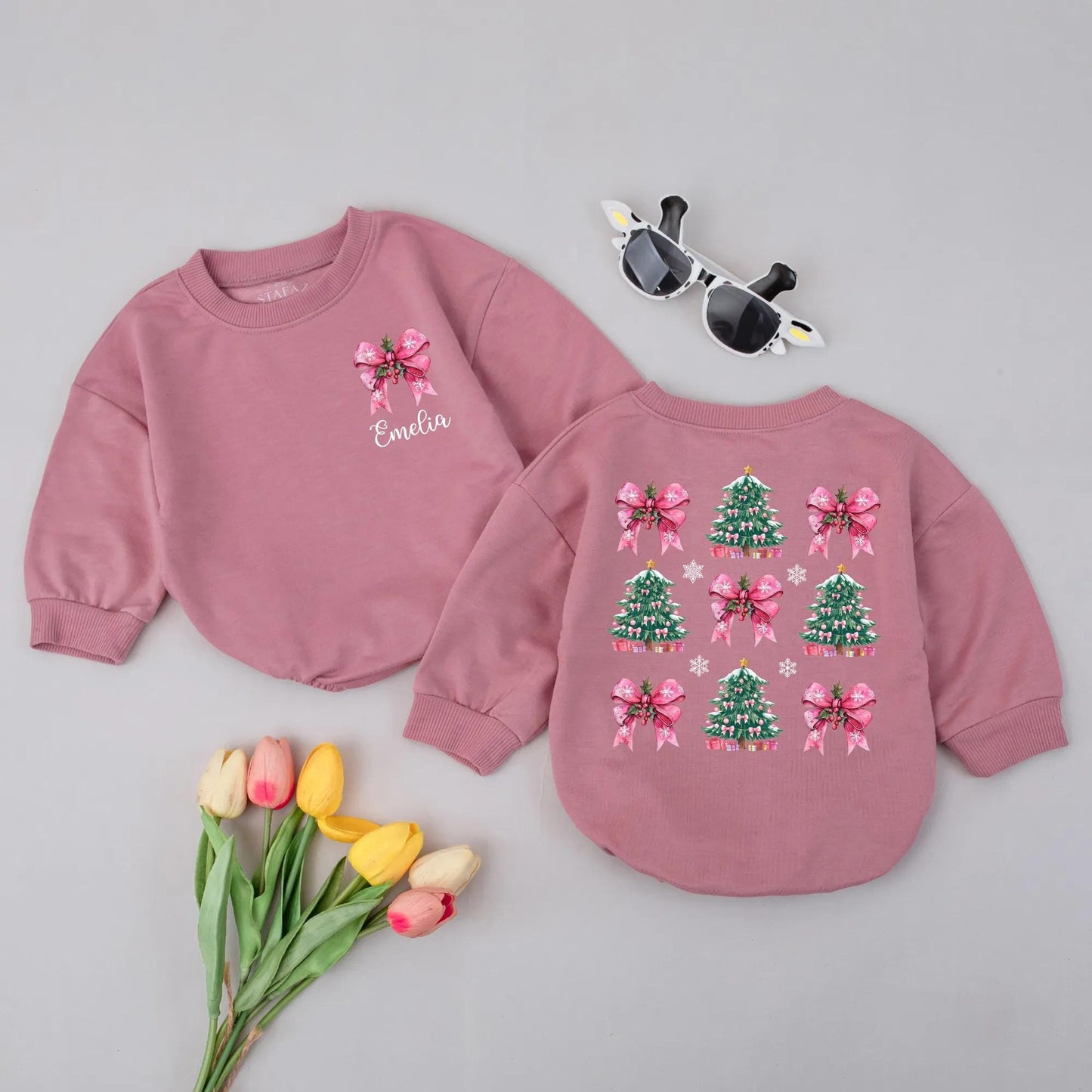 Personalized Christmas Tree Baby Romper with Pink Bows, Holly, Snowflakes, Cute Holiday Outfit Newborn Festive Green Pink White