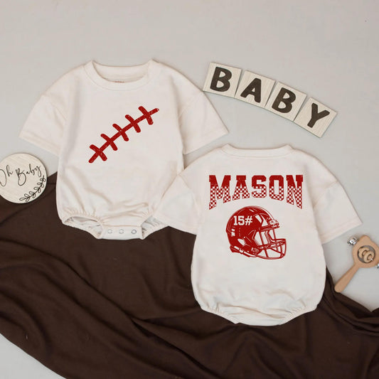 Mason Football Romper Custom Name & Number Baby Boy Outfit Game Day Birthday Gift | First Birthday Baby Bodysuit 15