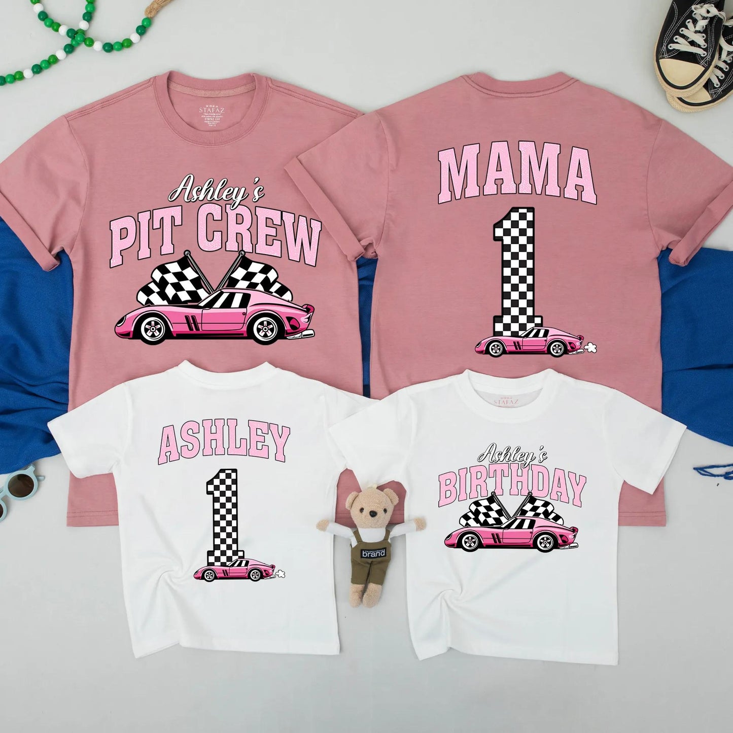 Personalized Pink Race Car Birthday Family Matching Shirts Two Fast Birthday Party Pit Crew Mama and Ashley's 1st Birthday Celebration