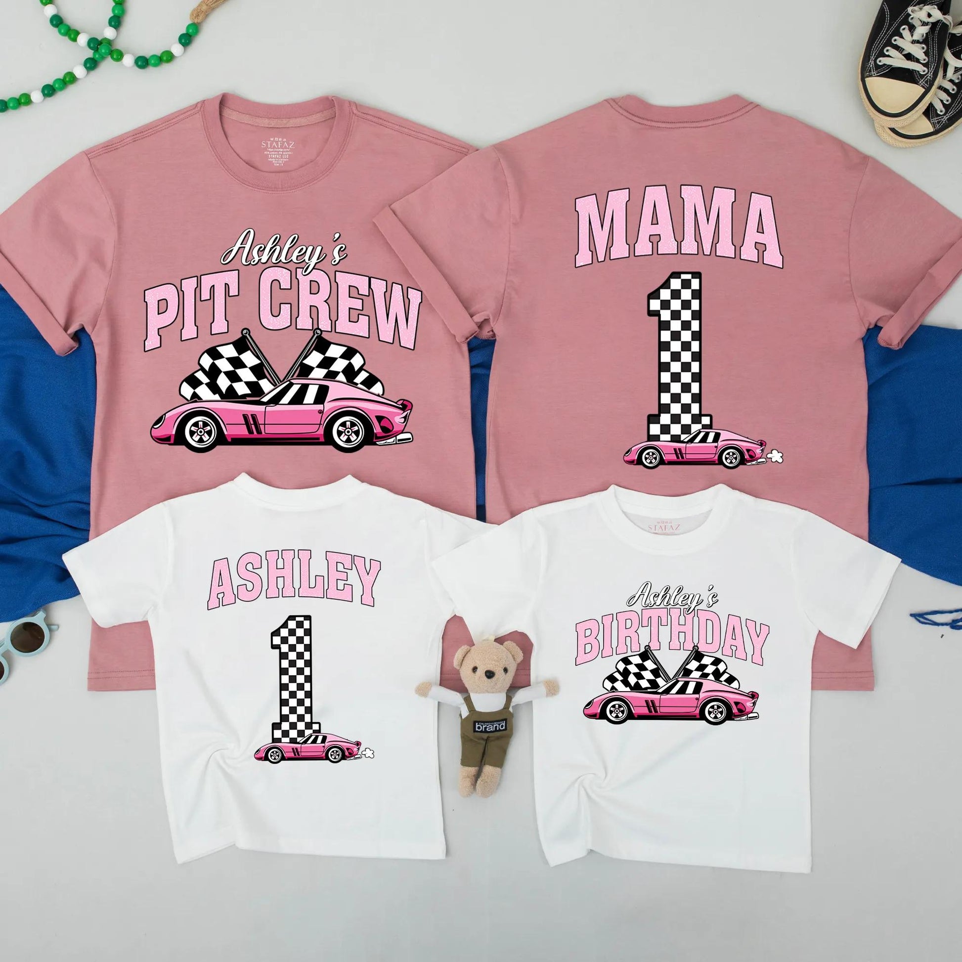 Personalized Pink Race Car Birthday Family Matching Shirts Two Fast Birthday Party Pit Crew Mama and Ashley's 1st Birthday Celebration