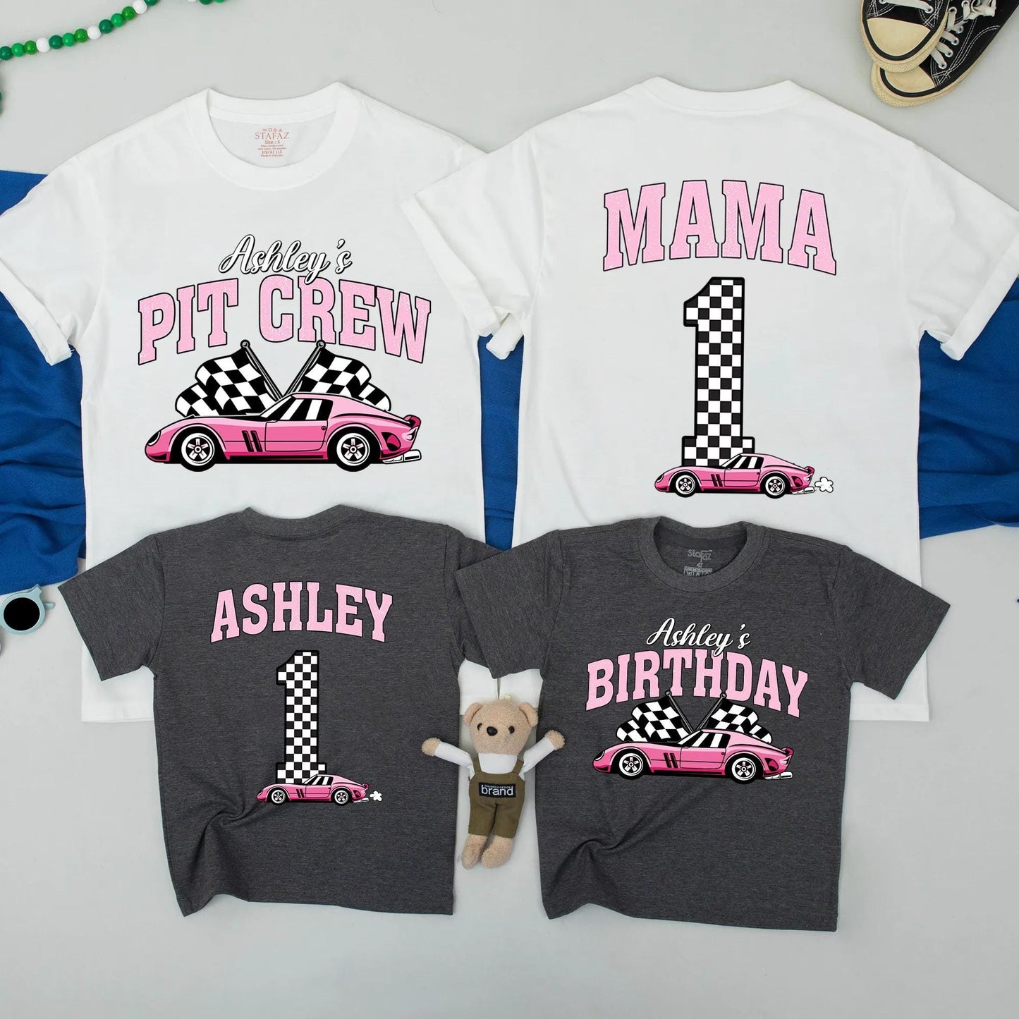 Personalized Pink Race Car Birthday Family Matching Shirts Two Fast Birthday Party Pit Crew Mama and Ashley's 1st Birthday Celebration
