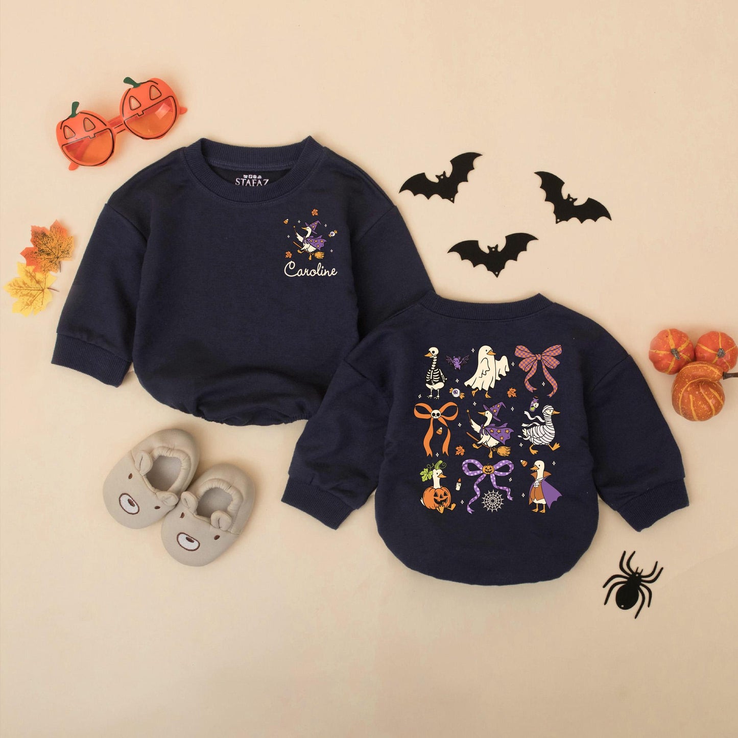 Personalized Whimsical Halloween Goose Bubble Romper with Witch Mummy Skeleton, Caroline Name, Orange Purple Bat Pumpkin Spooky Baby Toddler Outfit