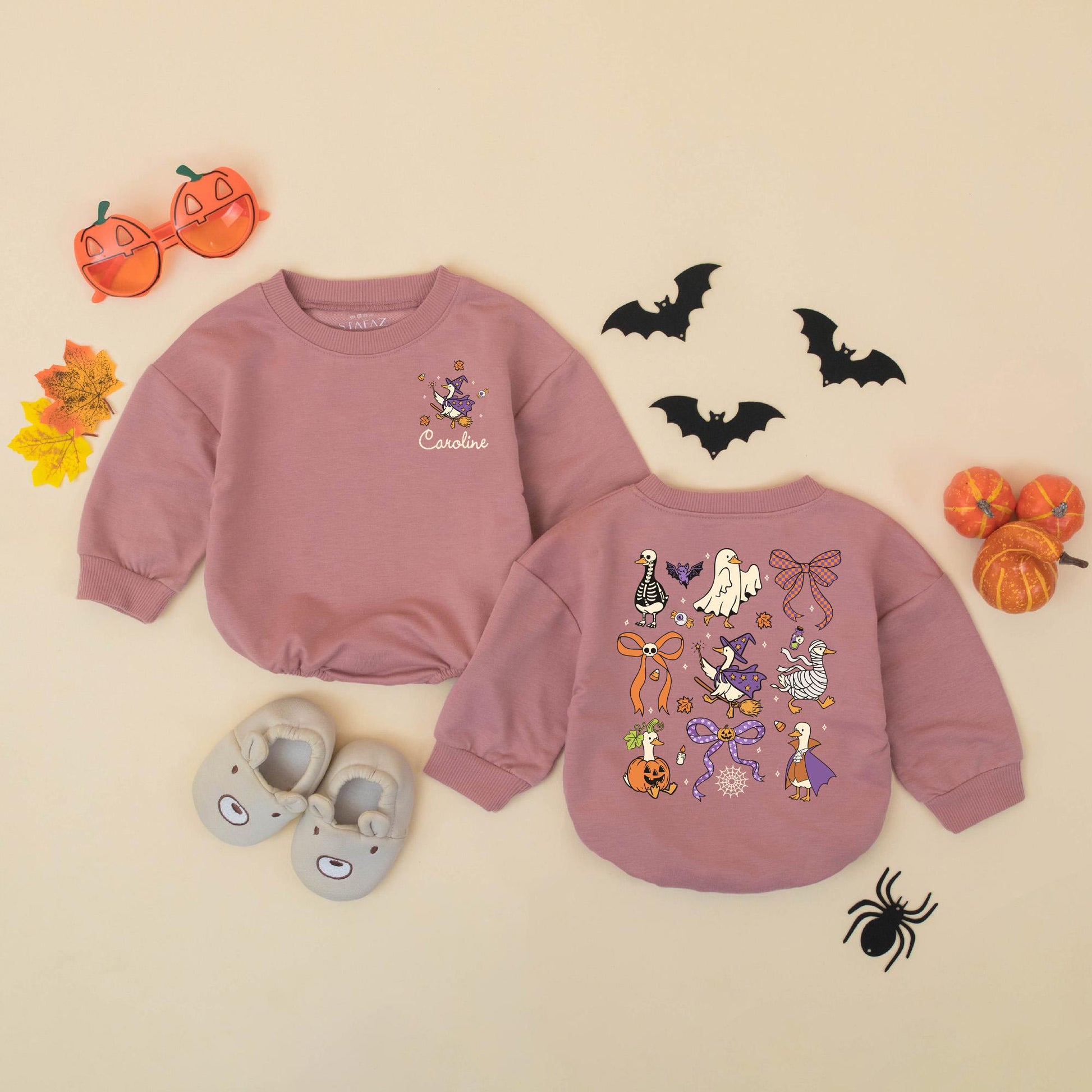 Personalized Whimsical Halloween Goose Bubble Romper with Witch Mummy Skeleton, Caroline Name, Orange Purple Bat Pumpkin Spooky Baby Toddler Outfit