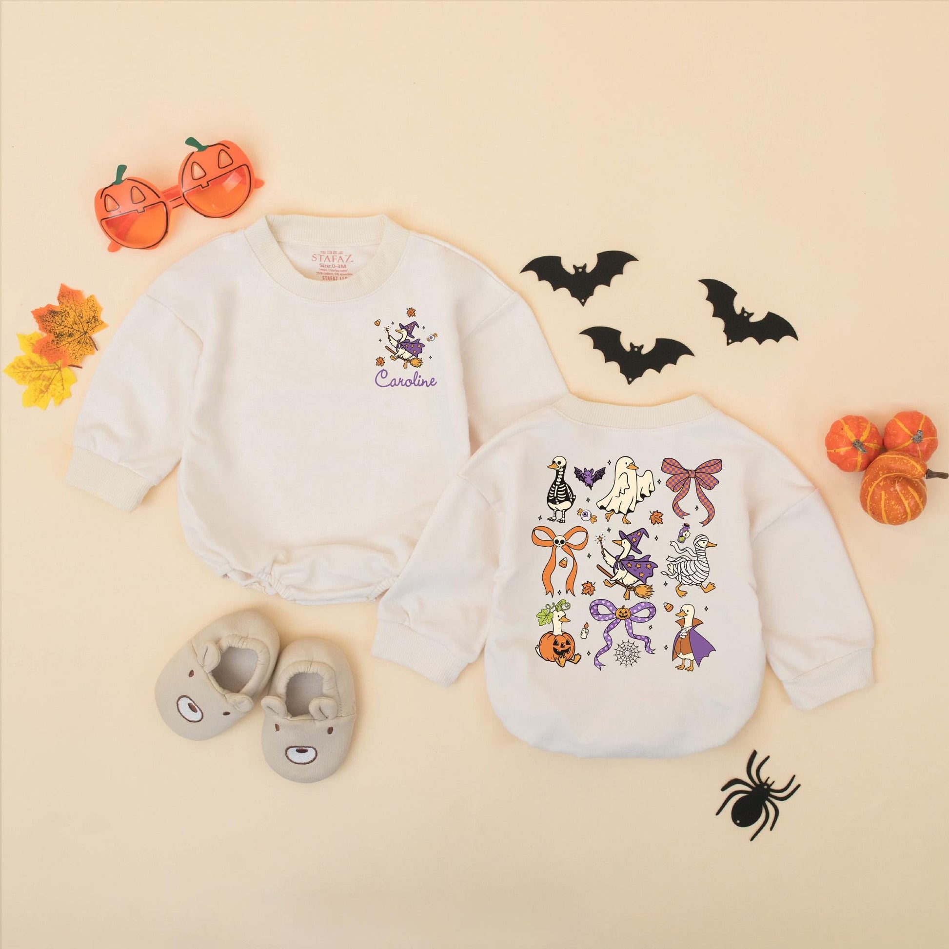 Personalized Whimsical Halloween Goose Bubble Romper with Witch Mummy Skeleton, Caroline Name, Orange Purple Bat Pumpkin Spooky Baby Toddler Outfit
