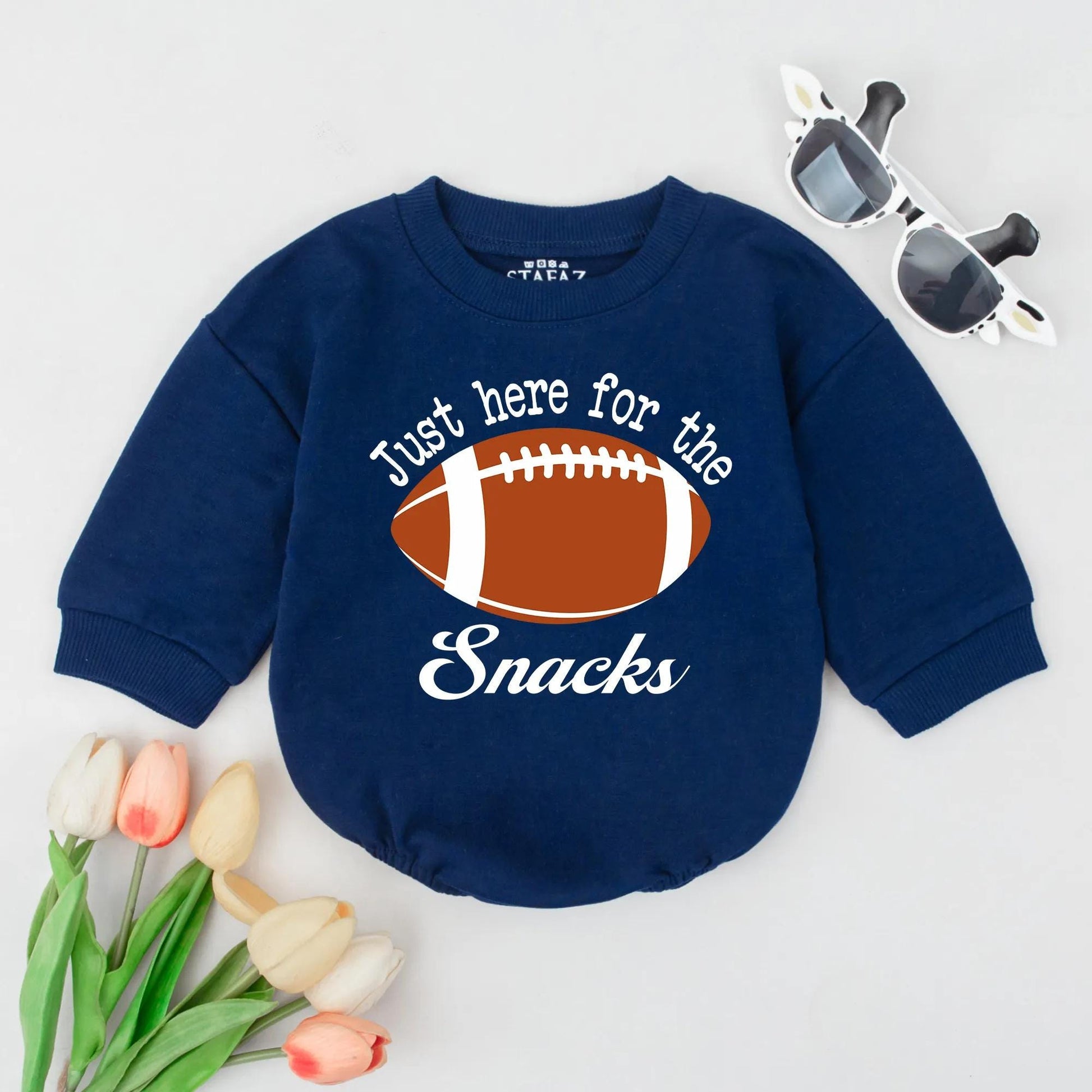 Just Here for Snacks Football Romper, Game Day Outfit, Funny Baby Bodysuit, Sport Theme, White Accents, Football Lover Baby Shower Gift, Brown Football (140)