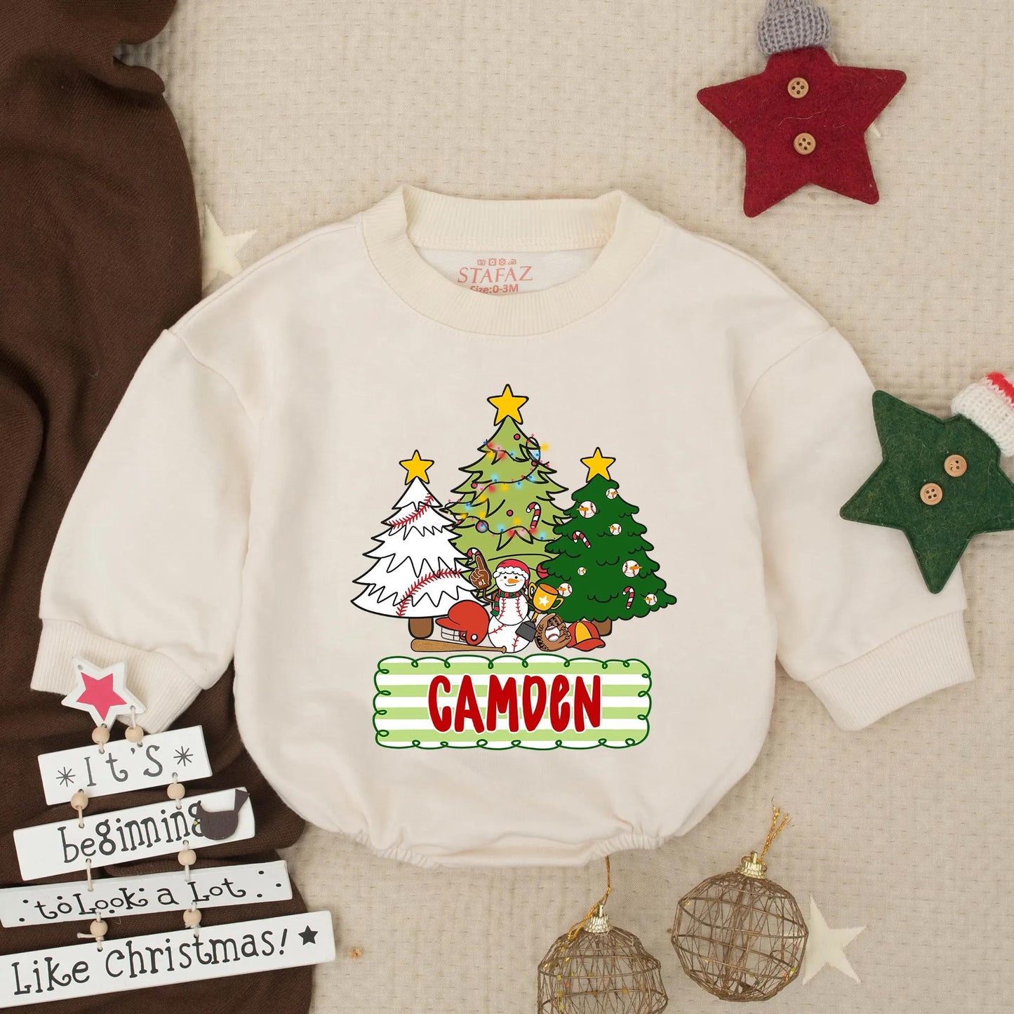 Custom Christmas Baseball Baby Bubble Romper Festive Trees Snowman Design, Infant Holiday Gameday Outfit Toddler Gift with 'CAMDEN' Detail