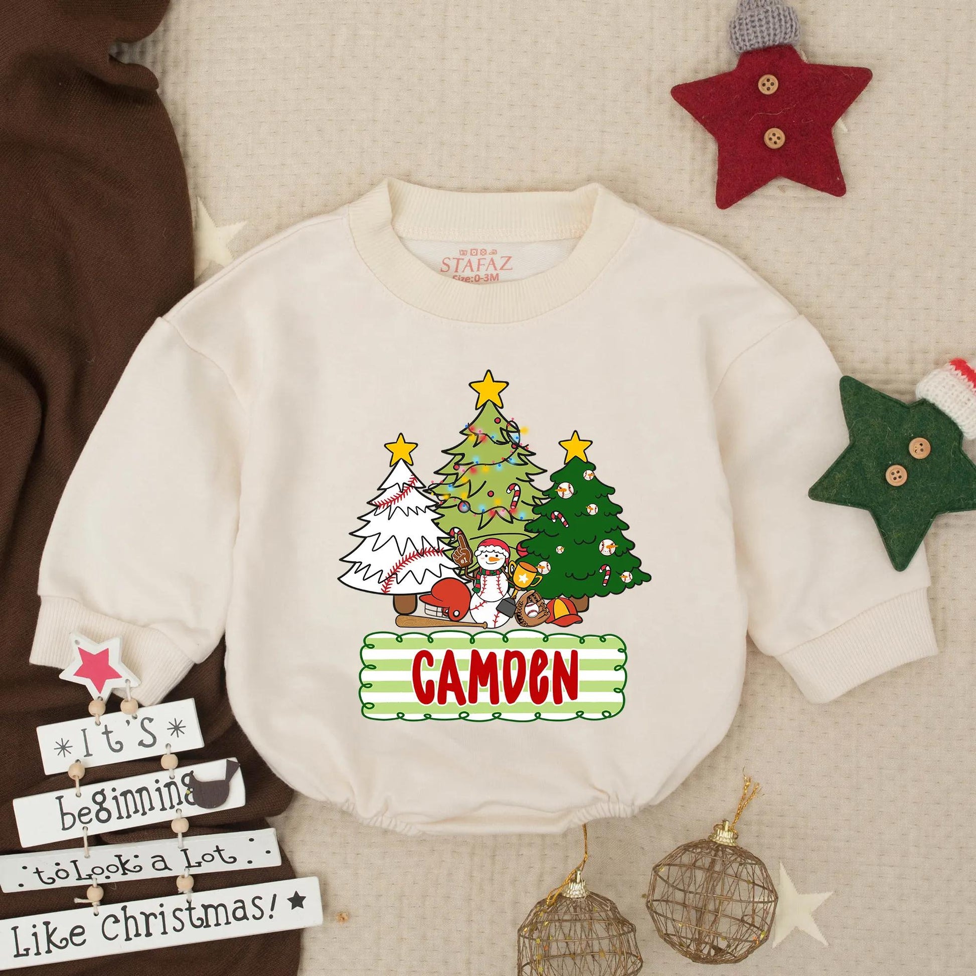 Custom Christmas Baseball Baby Bubble Romper Festive Trees Snowman Design, Infant Holiday Gameday Outfit Toddler Gift with 'CAMDEN' Detail