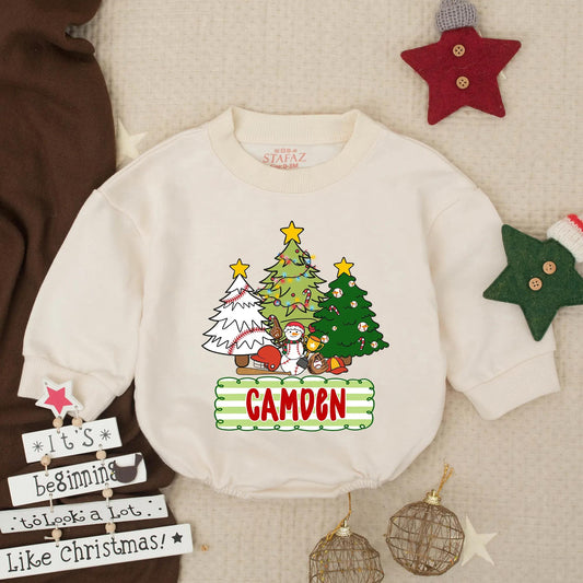Custom Christmas Baseball Baby Bubble Romper Festive Trees Snowman Design, Infant Holiday Gameday Outfit Toddler Gift with 'CAMDEN' Detail
