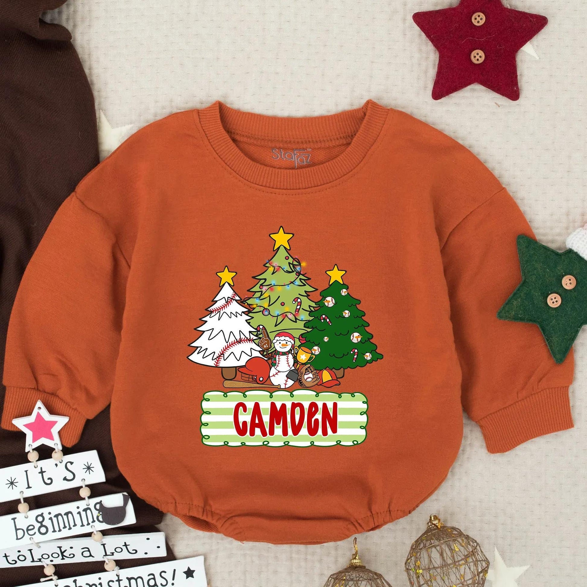Custom Christmas Baseball Baby Bubble Romper Festive Trees Snowman Design, Infant Holiday Gameday Outfit Toddler Gift with 'CAMDEN' Detail