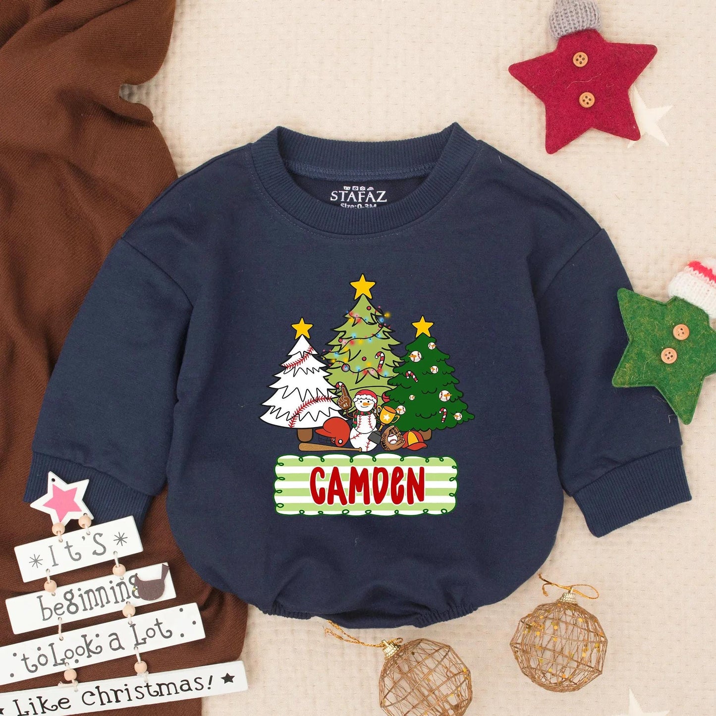 Custom Christmas Baseball Baby Bubble Romper Festive Trees Snowman Design, Infant Holiday Gameday Outfit Toddler Gift with 'CAMDEN' Detail