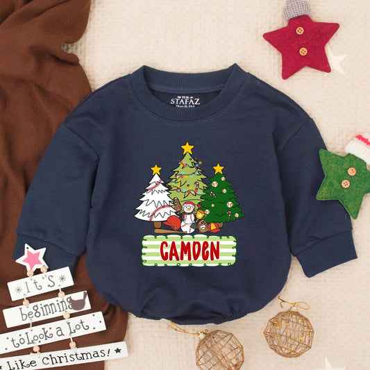 Custom Christmas Baseball Baby Bubble Romper Festive Trees Snowman Design, Infant Holiday Gameday Outfit Toddler Gift with 'CAMDEN' Detail