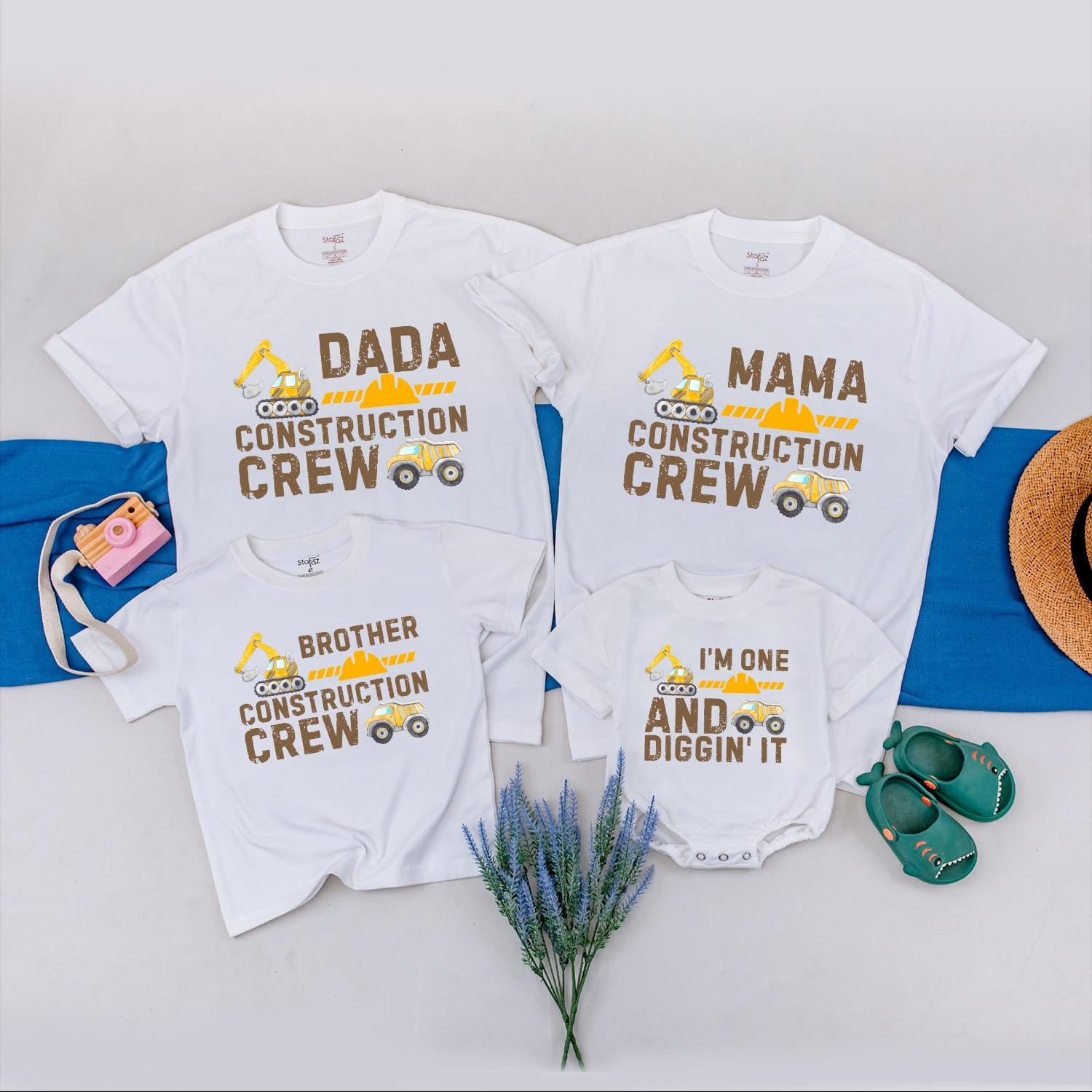 Construction Crew Birthday Shirts Custom Truck Family Outfit Dada Mama Sister First Second Birthday Boy Matching Tees Yellow