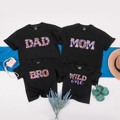Matching Wildflower Birthday Shirts: Mom, Dad, Sis, Wild One! Boho Family Party Tees, Colorful Floral Designs, 1st Birthday Girl