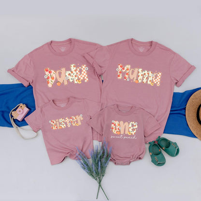 One Sweet Peach 1st Birthday Shirt for Baby Girl Matching Peach Party Outfits for Family Mommy and Me Tees Cute Floral Orange Pink White