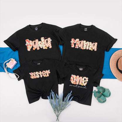 One Sweet Peach 1st Birthday Shirt for Baby Girl Matching Peach Party Outfits for Family Mommy and Me Tees Cute Floral Orange Pink White