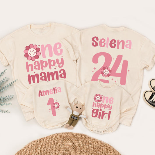 Personalized One Happy Girl First Birthday Shirt Matching Family Mama Tee Retro Pink Daisy Outfit with Smiley Face Starburst Design
