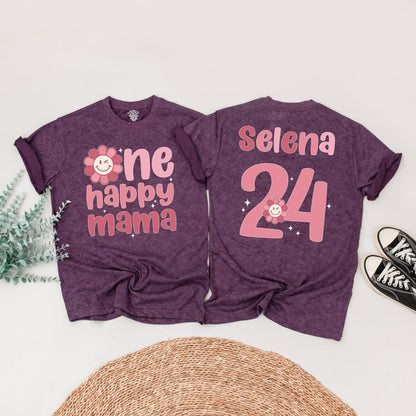 Personalized One Happy Girl First Birthday Shirt Matching Family Mama Tee Retro Pink Daisy Outfit with Smiley Face Starburst Design