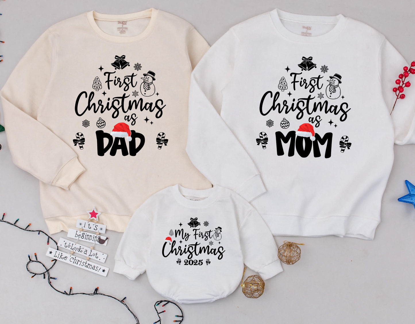 First Christmas As Family Matching Sweatshirts Red Santa Hat 2025 Merry Mama Dad Mom Baby Romper